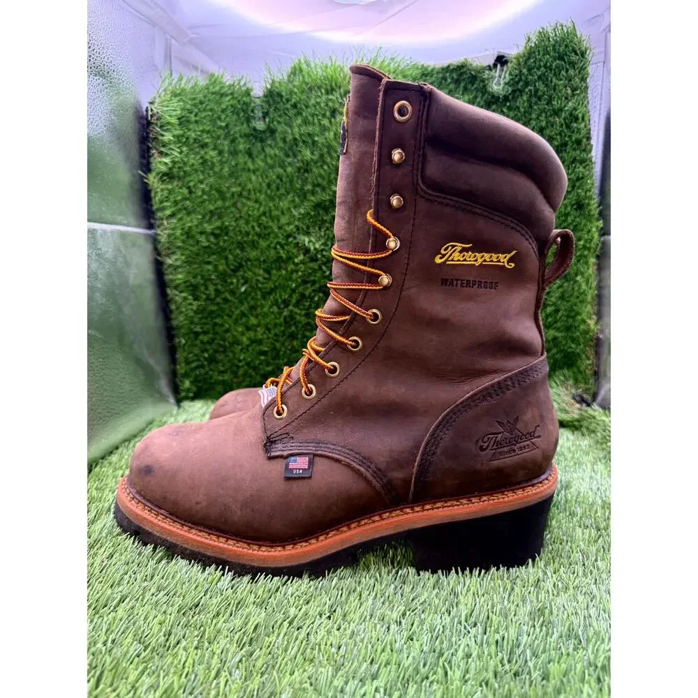 Thorogood Logger 804-3555 Combat Boot Man's 9 Brown Leather Workware Steel Toe
